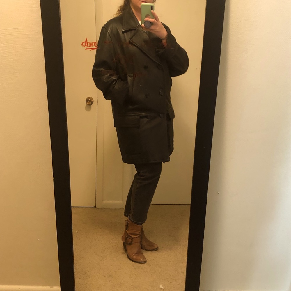 Vintage Perry Ellis Genuine Leather Women’s Black Trenchcoat Large